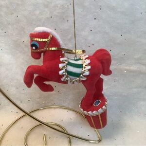 Japan Flocked Horse Pony Christmas Ornament VTG Prancing On Drum Circus Red MC